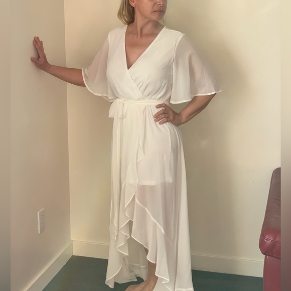 DRESS DAY white chiffon Midi Dres. Size Small, bell sleeve, crossbody. - Picture 9 of 9